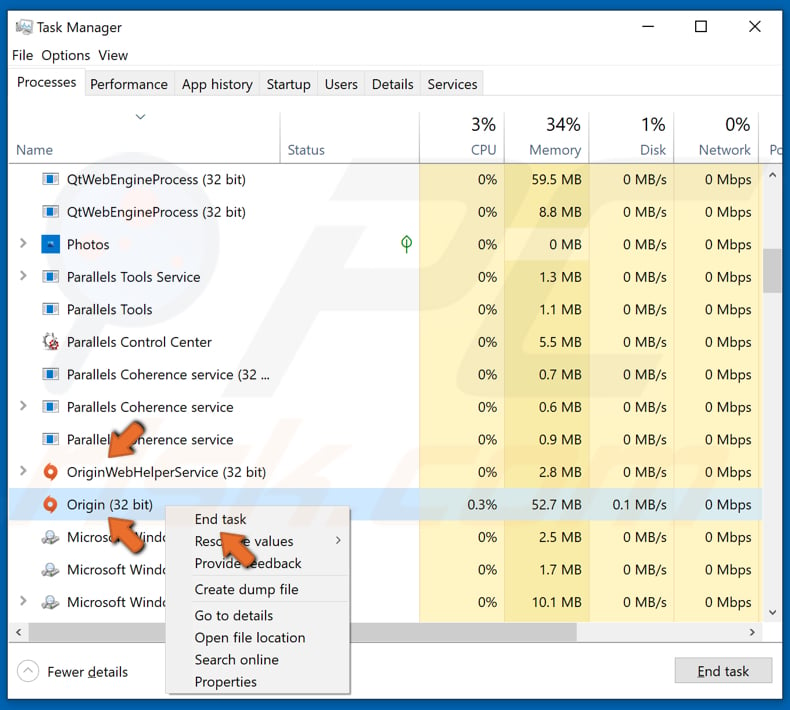 Right-click Origin-related tasks and click End task