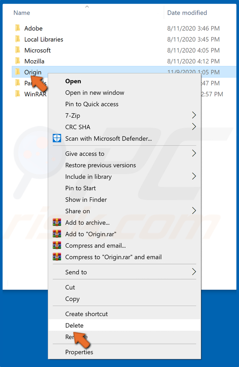 Right-click the Origin folder and click Delete