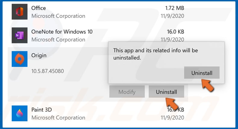 Select Origin and click Uninstall