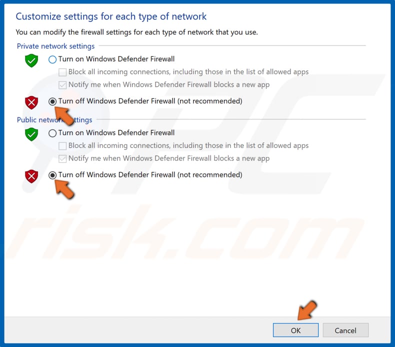 Tick the Turn off Windows Defender Firewall checkboxes