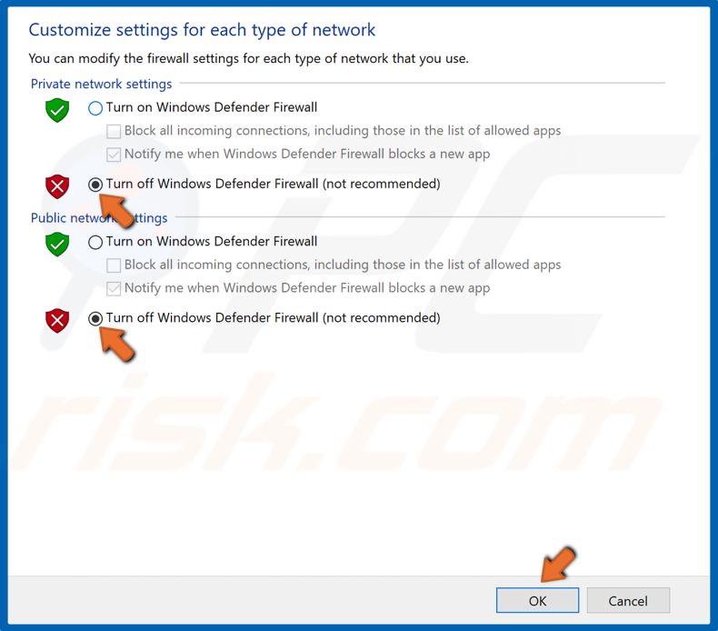 Tick the Turn off Windows Defender Firewall checkboxes