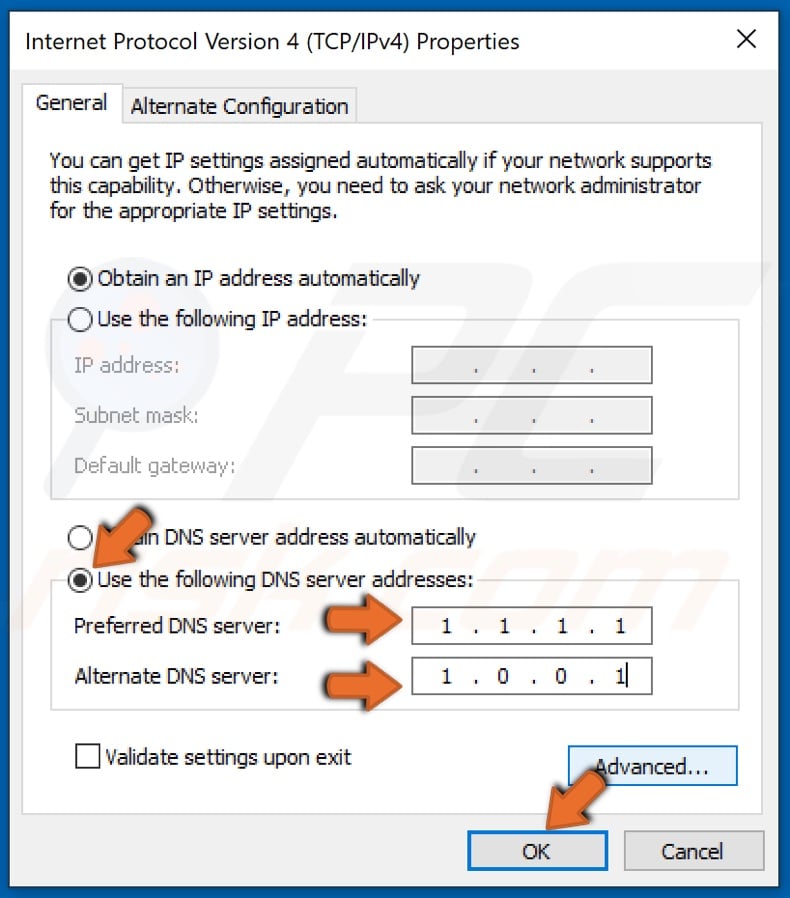 Enter your custom DNS settings and click OK