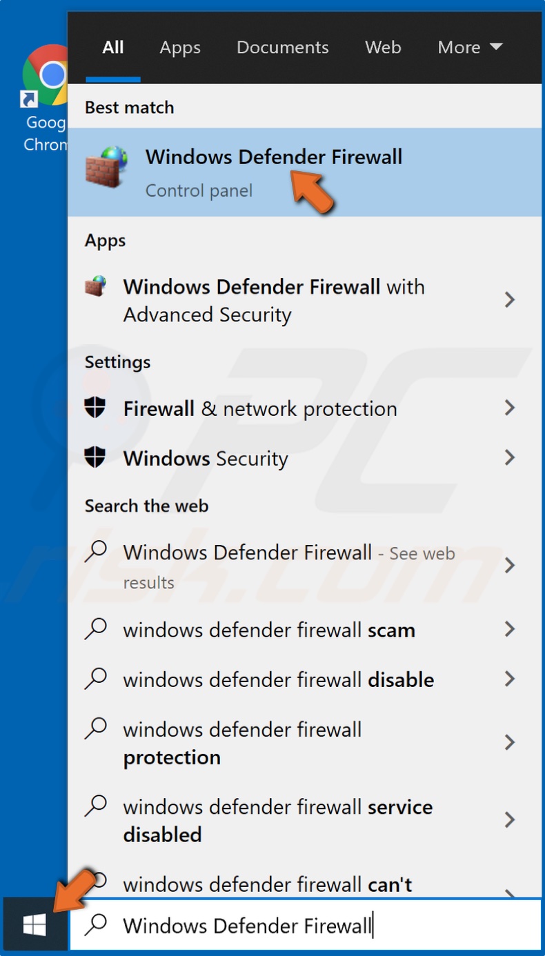 Open Start and type in Windows Defender Firewall