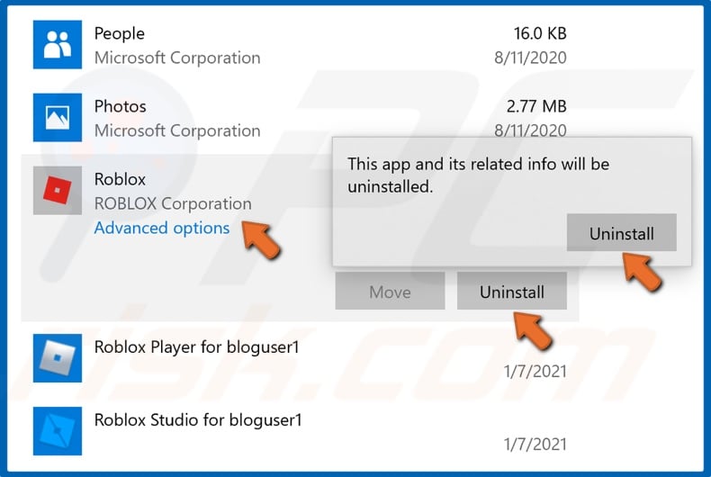 Select Roblox and click Uninstall