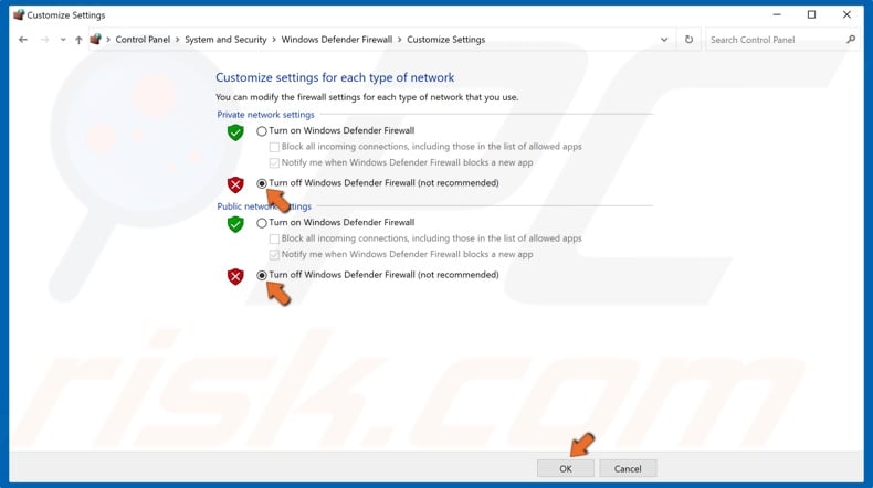 Tick the turn off Windows Defender Firewall option and click OK