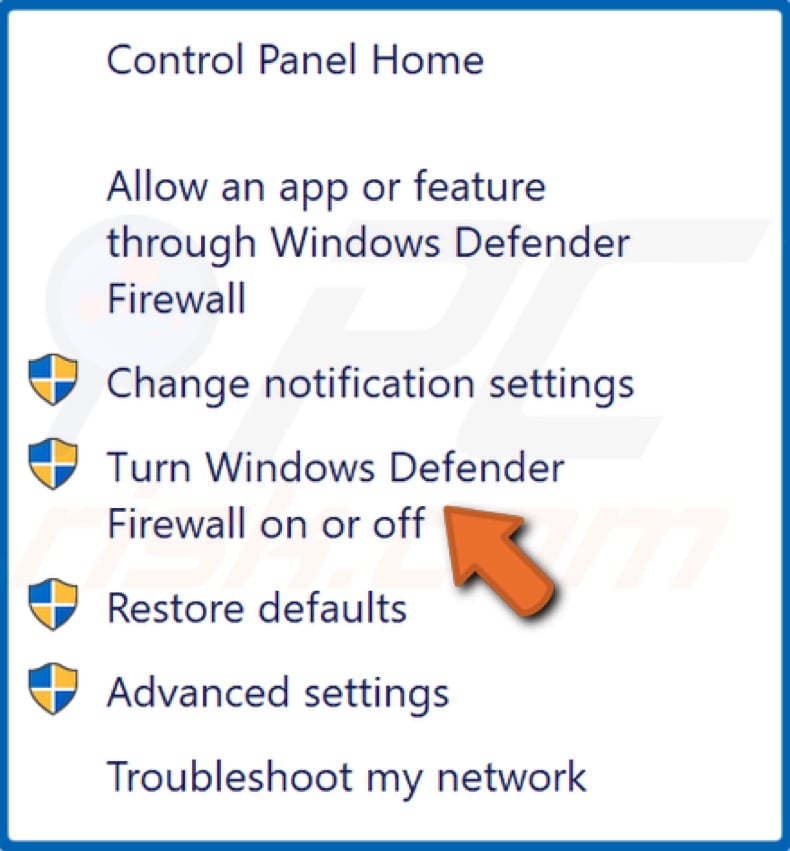 Select Turn Windows Defender Firewall on or off