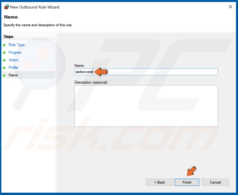 name the rule sedsvc.exe and click Finish