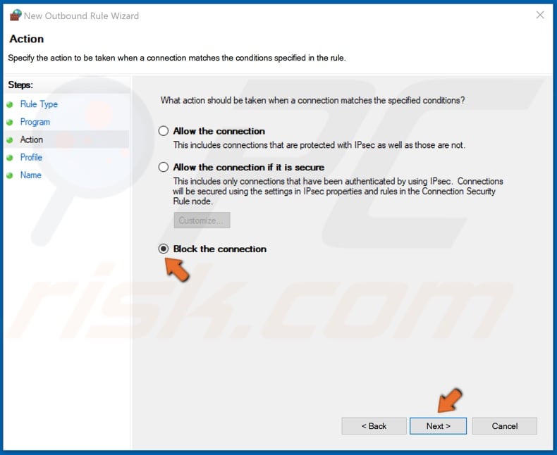 Make sure Block the connection is selected and click Next