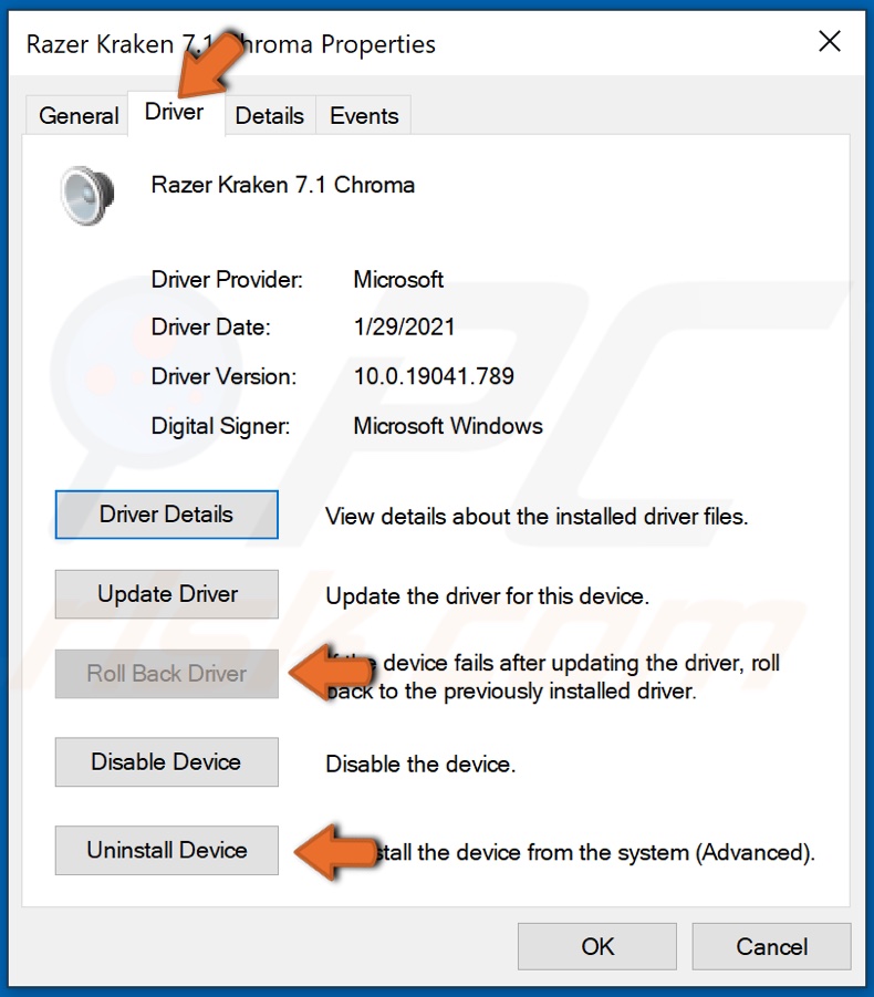Select Roll back driver or Uninstall device