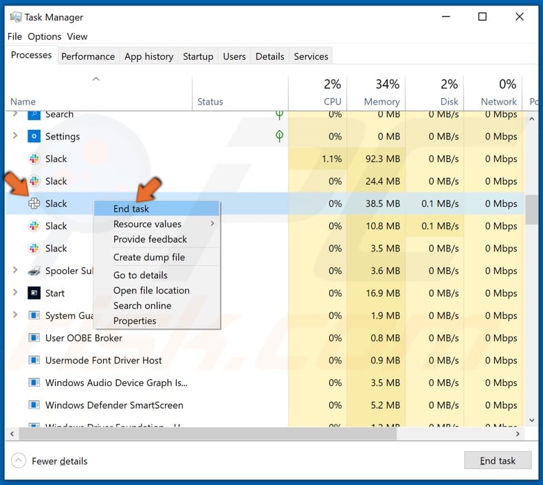 Right-click Slack processes and click End task