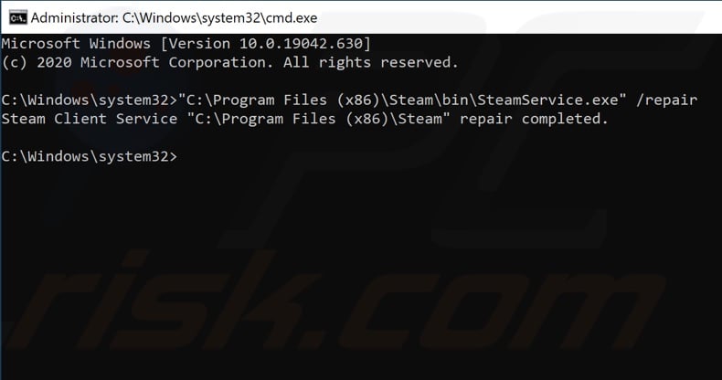 Enter the command and hit enter to repair Steam Client Service