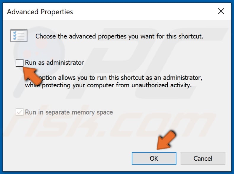 Mark the Run as administrator checkbox