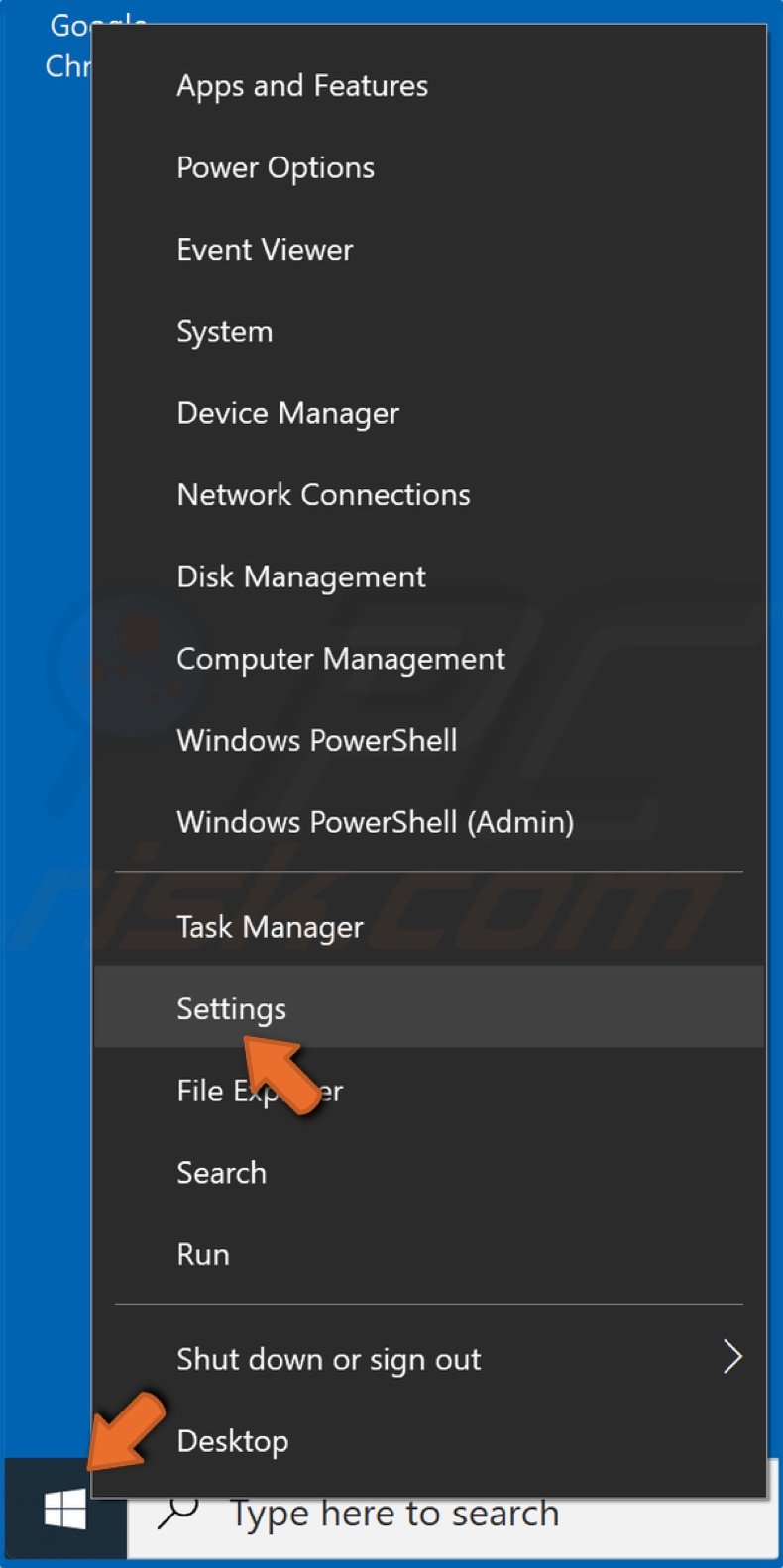Right-click Start and click Settings