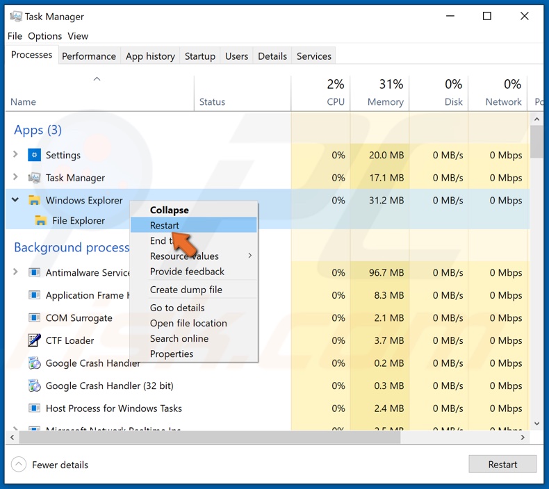 Right-click Windows Explorer and click Restart