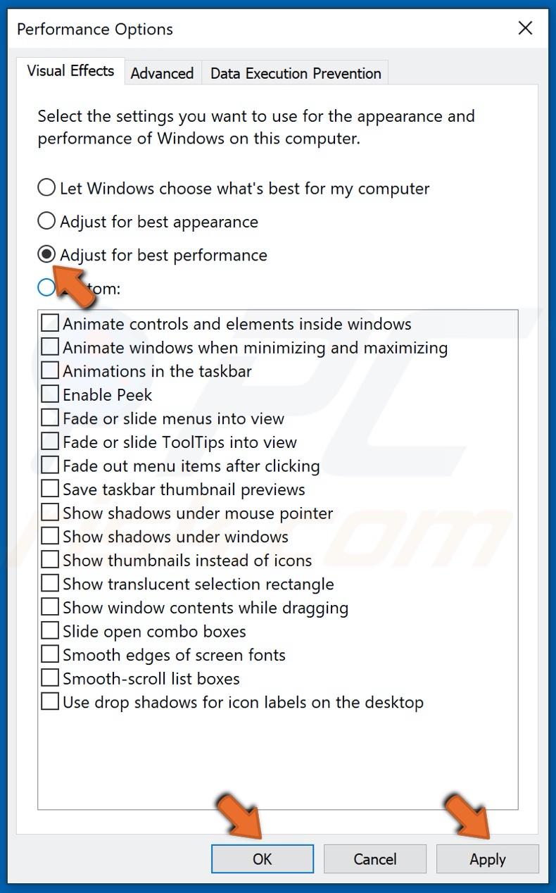 Select Adjust for best performance option and click Apply
