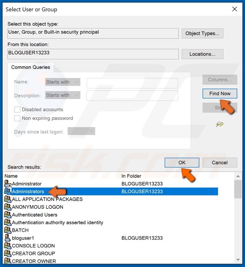 Click Find now and select Administrators