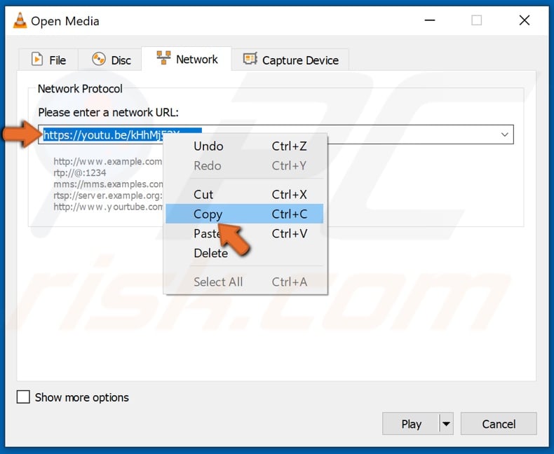 Copy the media url from VLC