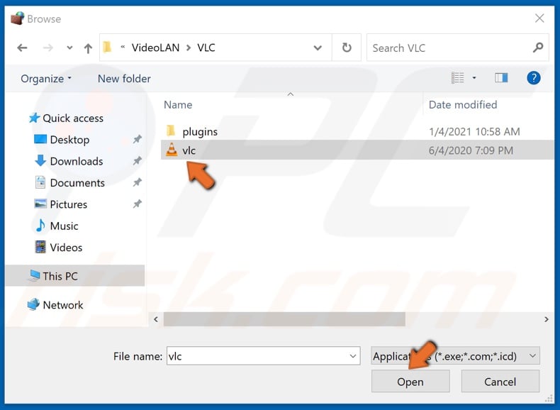 select vlc.exe and click Open