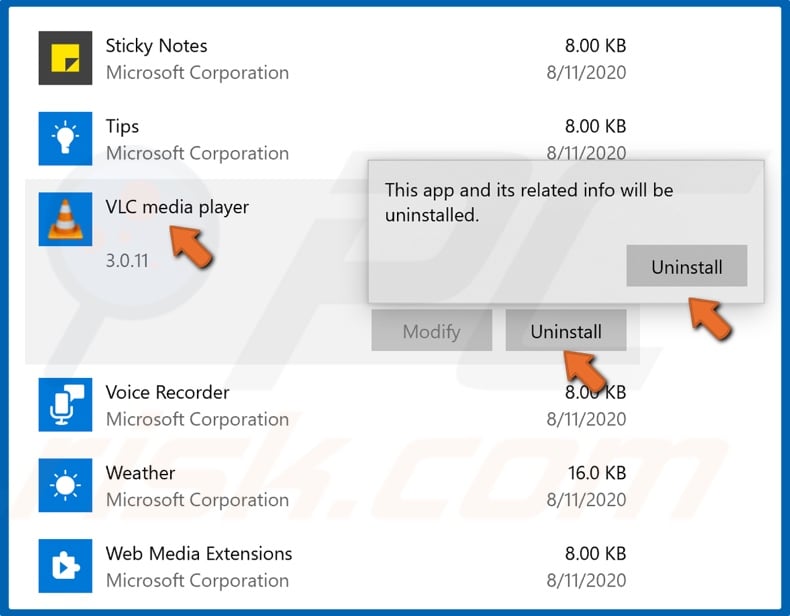 Select VLC and click Uninstall