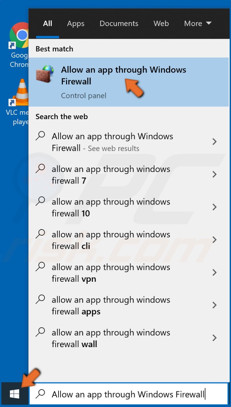 Open the Start Menu and type in Allow an app through Windows Firewall