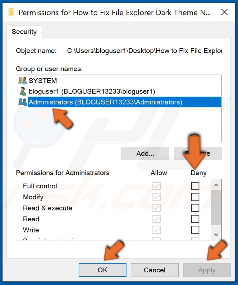 Uncheck all permissions in the Deny column and click OK