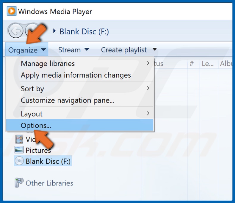 Click Organize and select Options