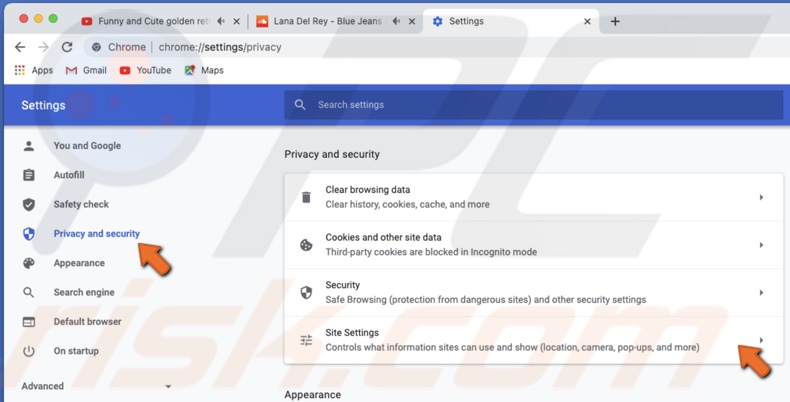 Go to site settings in Chrome