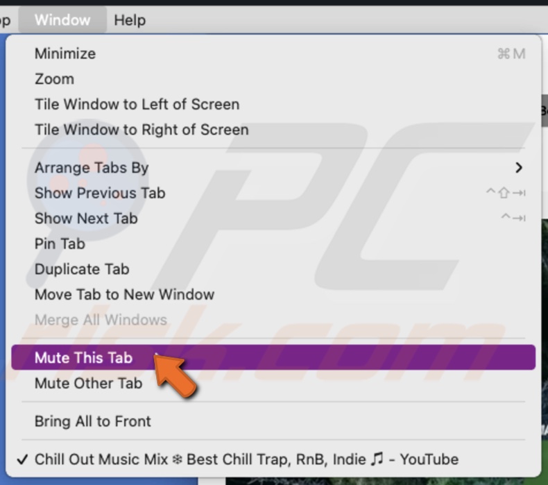 Mute tab from Window menu in Safari