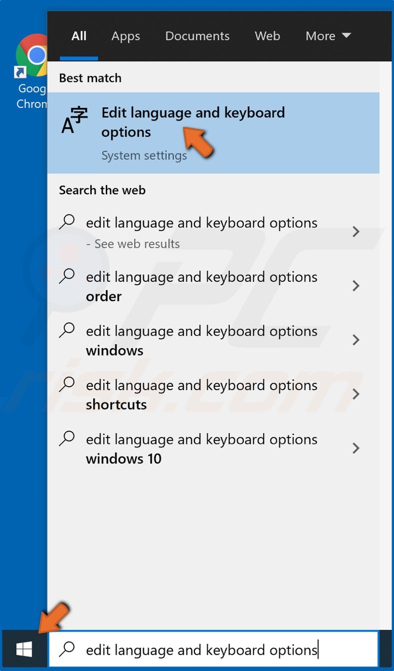 Open Start Menu and type in Edit language and keybaord options