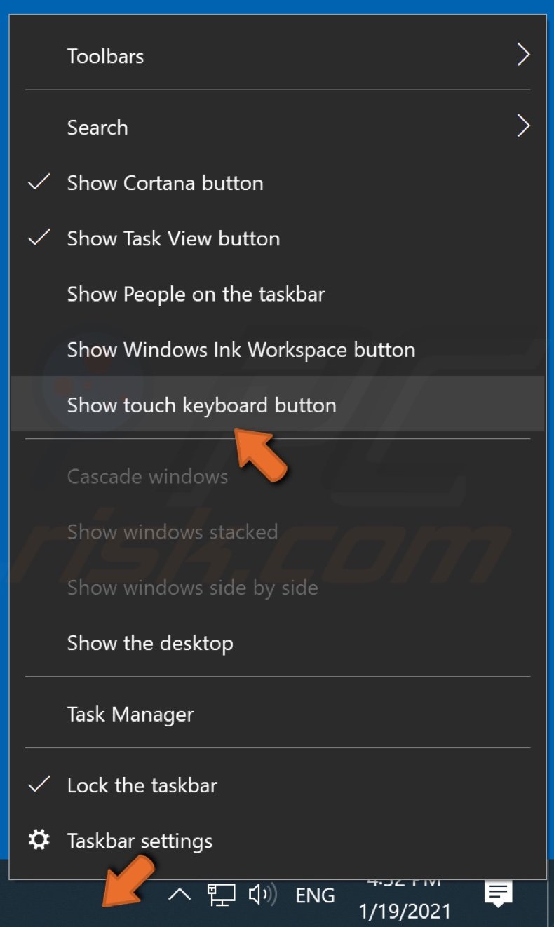 Right-click Taskbar and select Show touch keyboard button