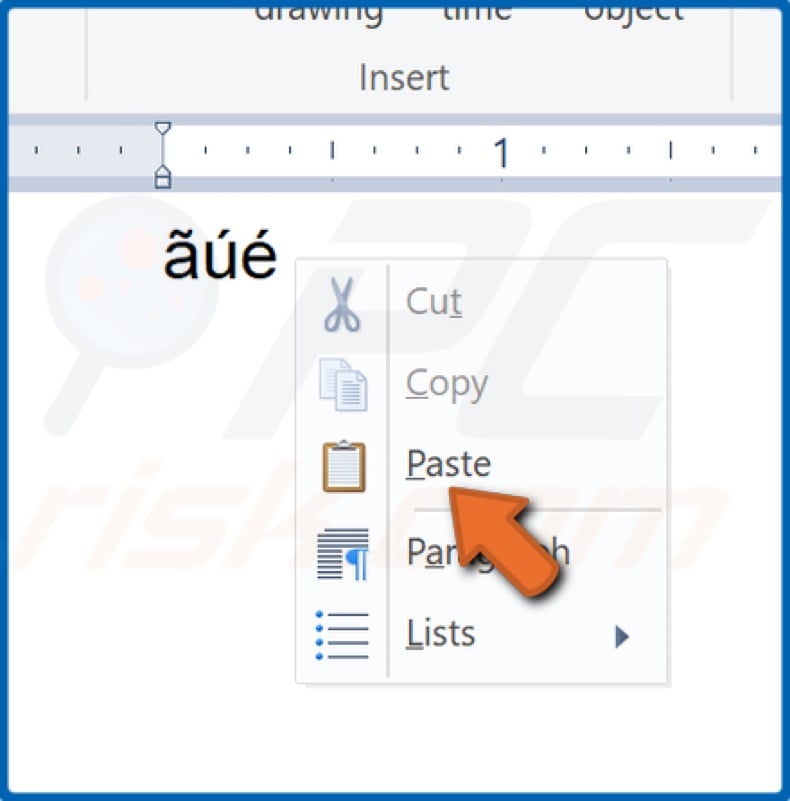 Right-click the text location and click Paste to insert the accented characters