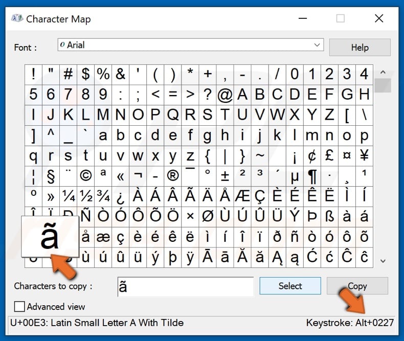 Get the accented character Alt codes from the Character Map