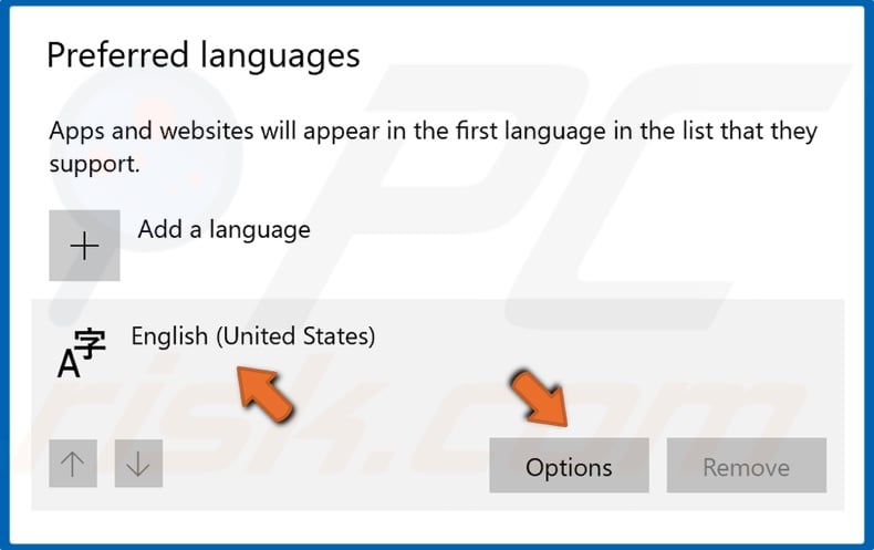 Select your preffered language and click Options