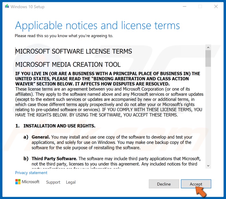 Accept the Media Creation Tool license agreement