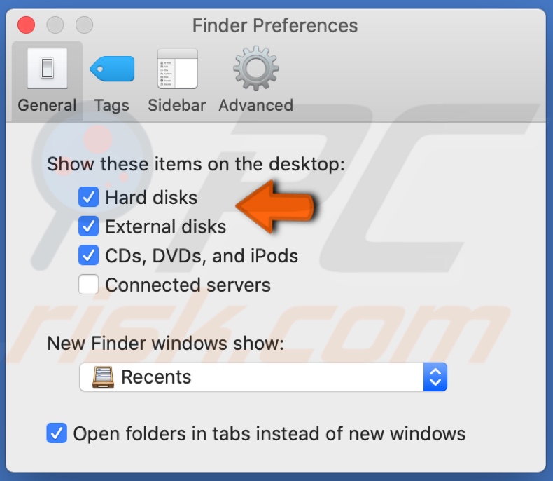 Check boxes to show external drive on desktop