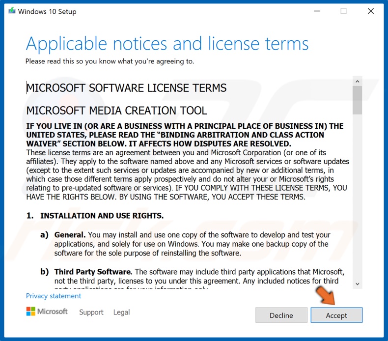 Accept the software license terms