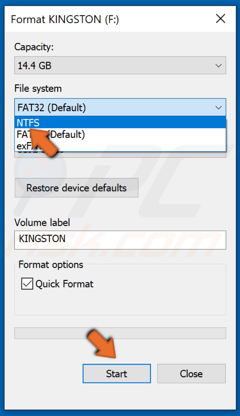 Select the NTFS file system