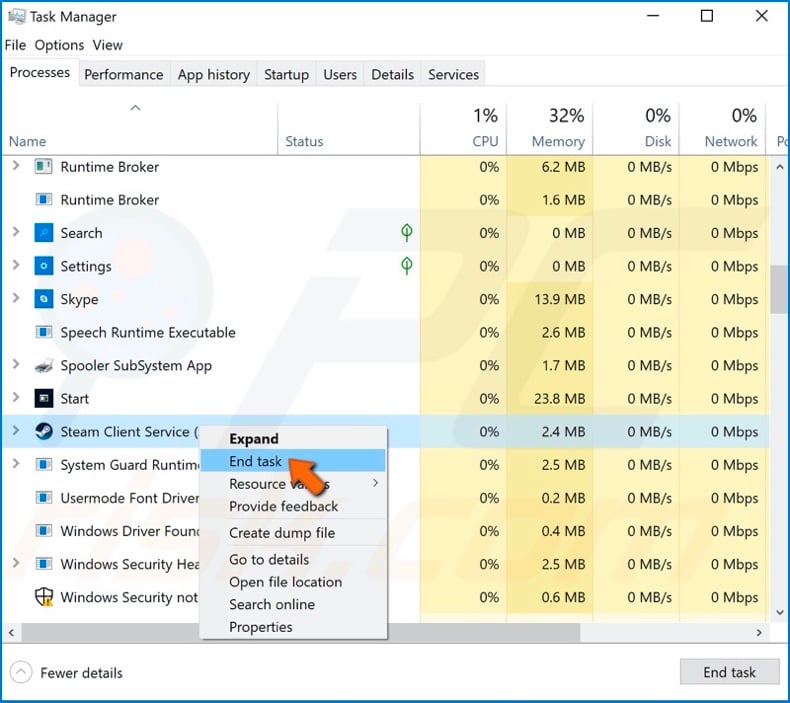 End steam task via task manager