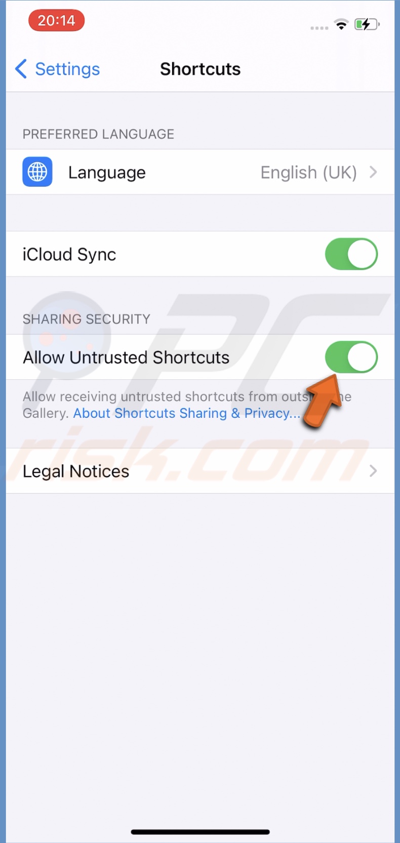Enable Allow untrusted shortcuts