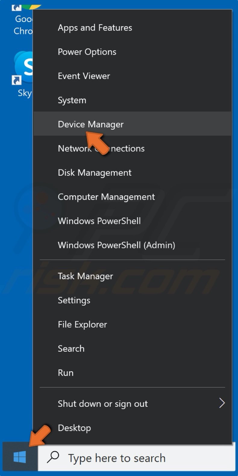 Right-click Start and select Device Manager