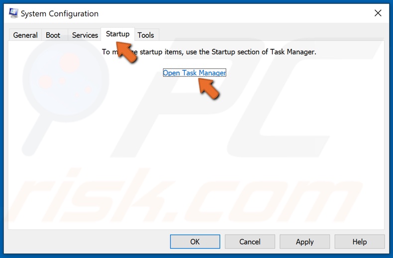 Select the Startup tab and click Open Task Manager
