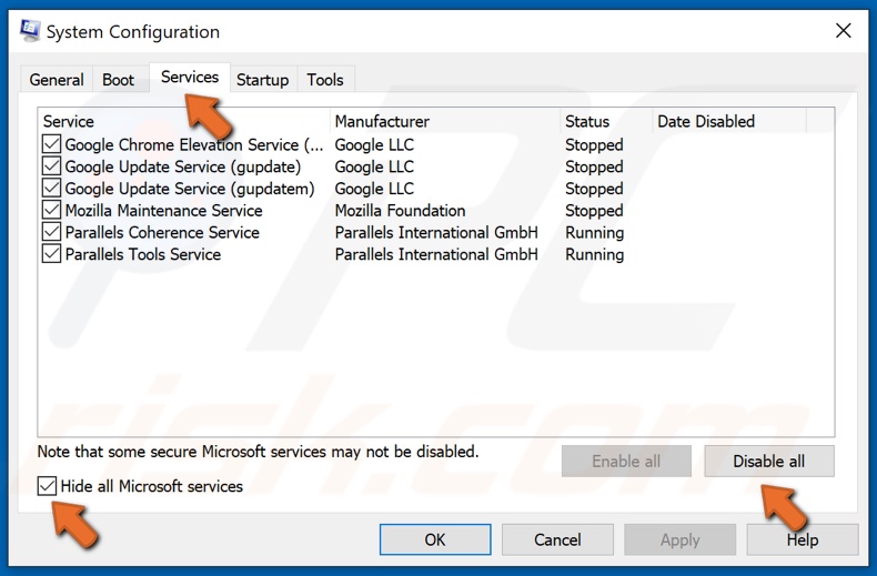 Mark the Hide all Microsoft services checkbox and click Disable all