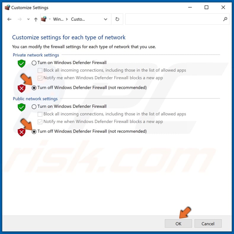Turn off Windows Defender Firewall for both Public and Private networks