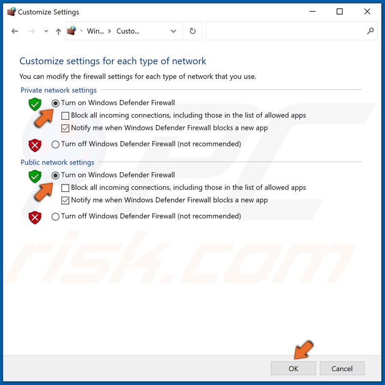 Turn Windows Defender Firewall on for both Public and Private networks