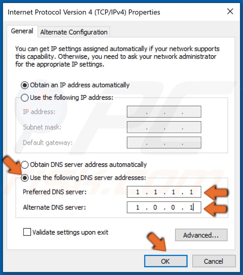 Type new preferred and alternative DNS addresses and click OK