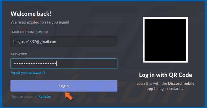 After installing Discord enter your login credentials and click Login