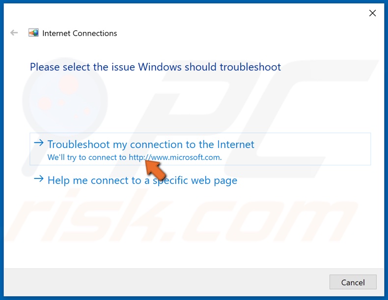 Select Troubleshoot my connection to the Internet