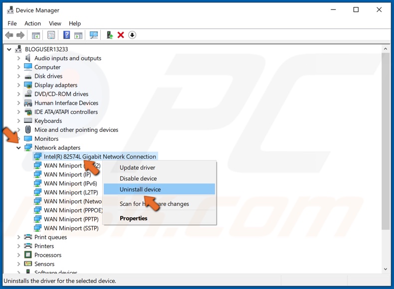 Right-click the network adapter and click Uninstal device