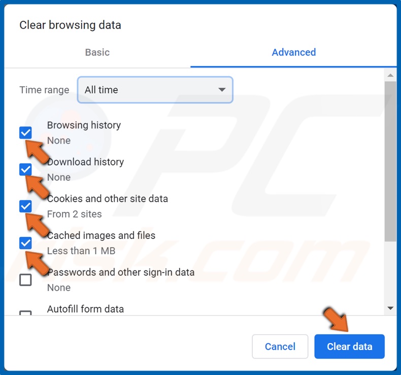 Tick browsing and download history, cookies and cached images and files and click Clear data