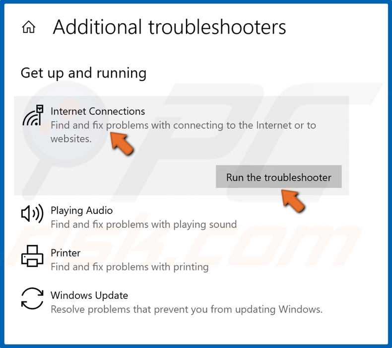 Select Internet connections and click Run the troubleshooter